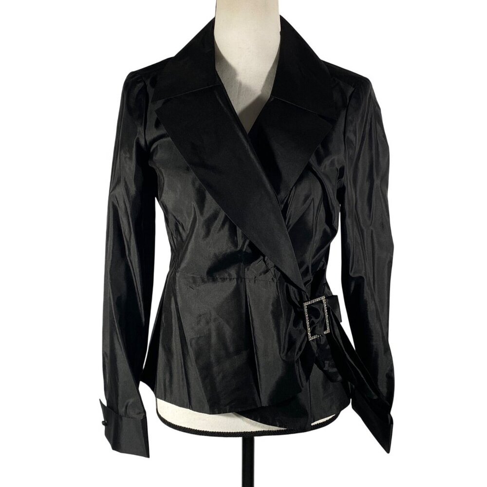 Talbots Black Silk Wrap tuxedo style blouse top W/ Rhinestone Buckle Size 10